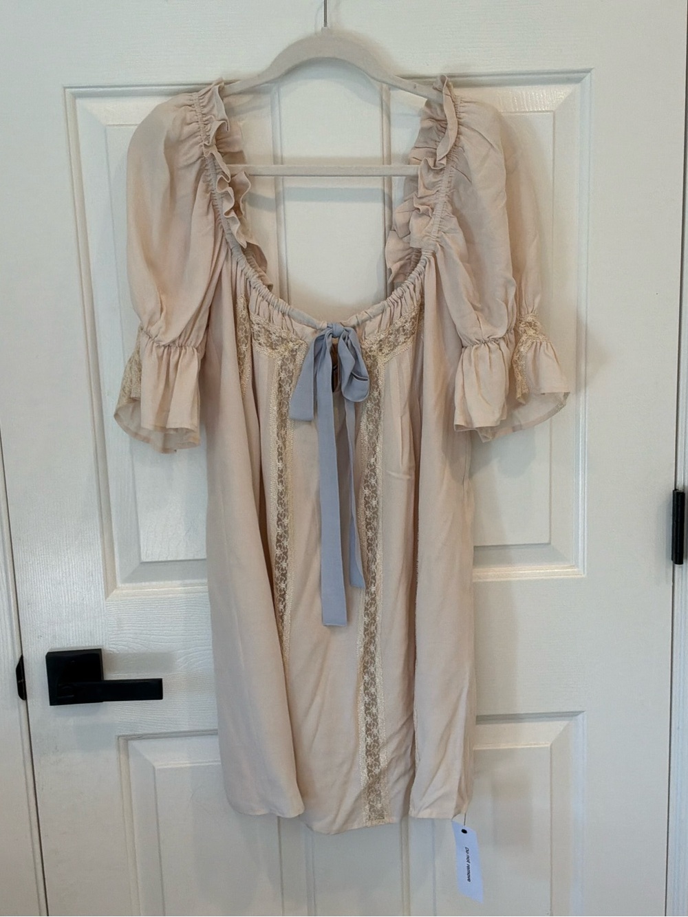 Rumored Pale Cream Mini Dress with Blue Tie